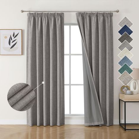 100% Rideau Occultant Thermique en Lin avec Galon Fronceur 140x225 cm 2 Pièces, Rideau Isolant Thermique Anti Froid et Chaleur à Passe Tringle pour Décoration de Porte Fenêtre (1/5)