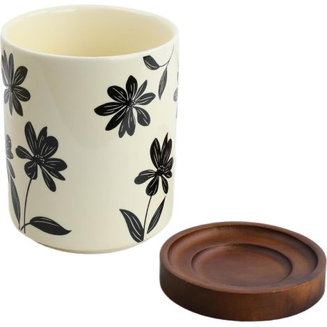 Ceramic Utensil Pot with Wooden Base, 12 x 10.5 cm Ceramic Cutlery Holder, 360° Rotatable Utensil Holder, Kitchen Cutlery Holder (1/5)