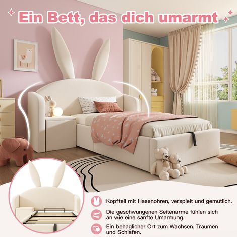 Lit enfant 90x200cm avec coffre hydraulique, sommier capitonné avec table de chevet et design oreilles de lapin, tissu velours, beige (sans matelas) (1/5)