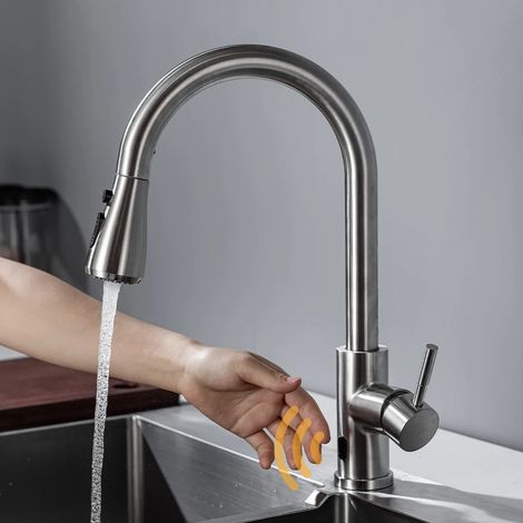 (hwx-brushed) Robinet de cuisine intelligent sans contact Crane pour robinet d'eau de cuisine à capteur, mitigeur d'évier rotatif à capteur, mitigeur d'eau à capteur. (1/5)