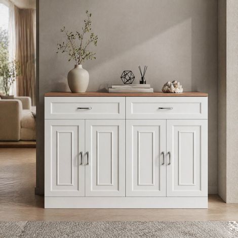 Aparador (120x35x80.5 cm), con 4 puertas, 2 cajones, estantes ajustables, cierre suave, tablero de partículas, blanco (1/5)