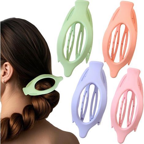 Lot de 4 pinces à cheveux plates ovales pour cheveux épais, fins et fins, pour femmes et filles, antidérapantes, solides, accessoires de griffes françaises mates, vert, violet, rose (1/5)
