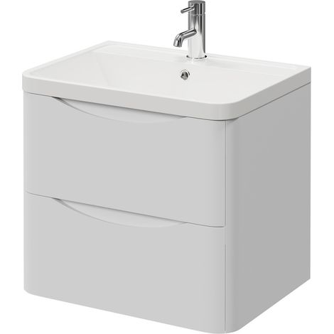 Vela Satin White 600mm Wall Mounted 2 Drawer Vanity Unit with Anya Basin