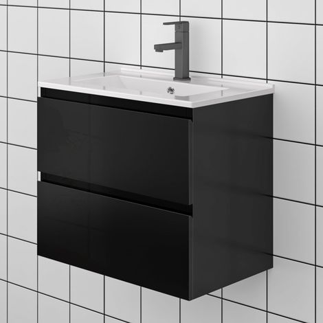 60 cm Badezimmermöbel Set Unterschrank soft close 2 Schubladen Schwarz Hochglanz Selbstmontierter Unterschrank dünn keramik waschtisch