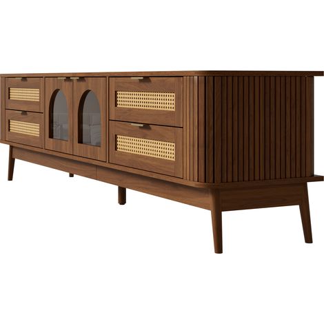 Meuble TV 180 cm en panneaux finition noyer, 2 portes centrales en verre de sécurité galbé, éclairage LED piloté par application, 4 tiroirs et pieds en bois massif (1/5)