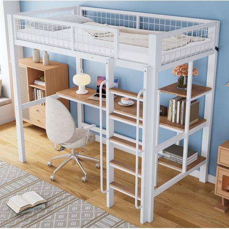Letto rialzato bambini 90x200 cm con tavolo, ripiano portaoggetti, scala a 5 gradini e sponda di sicurezza, bianco e naturale, senza materasso (1/5)