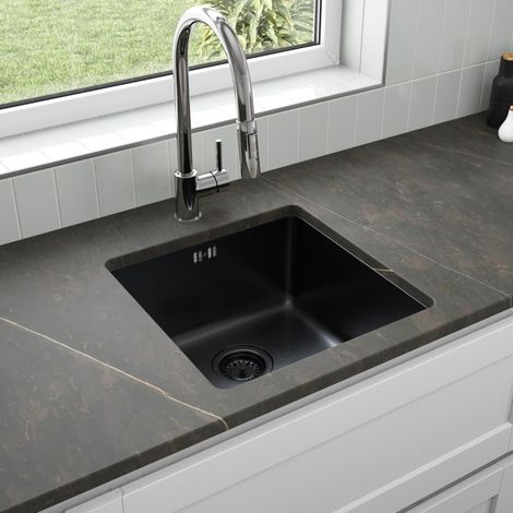 ArtiKitch Black Kitchen Sink Undermount Stainless Steel Square Single Bowl Strainer Waste (1/4)