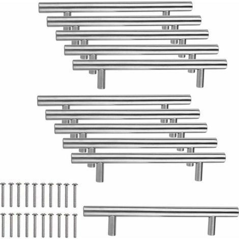 10 tiradores de acero inoxidable para armarios de cocina, con espacio entre agujeros de 96 mm, tiradores en T de acero cepillado para puertas de armarios y cocinas. (1/4)