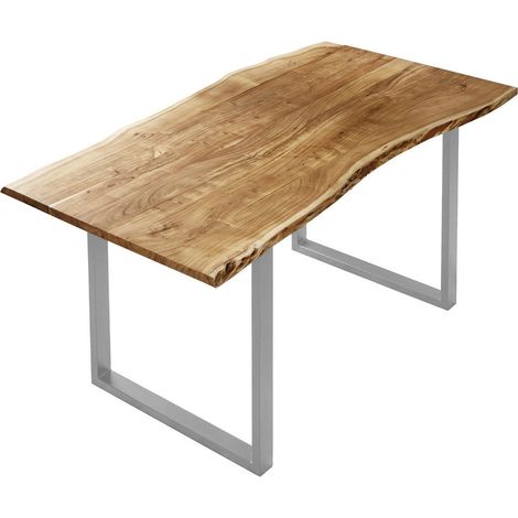 Esstisch Baumkante massiv Akazie naturfarben 130 x 75 cm silber U-Gestell BILLY (1/5)
