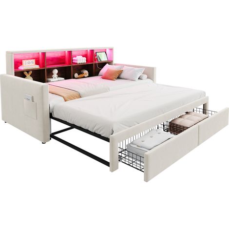 CHICFURN Lit gigogne 90x190 en velours beige avec LED, prises USB et Type-C, tête de lit à rangement, 2 tiroirs, sommier à lattes, couchage 180x190 (1/5)