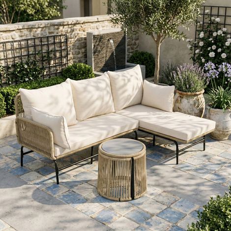 URBAN MEUBLE Salon de Jardin d'Angle en Corde Tressée Beige avec Table Basse