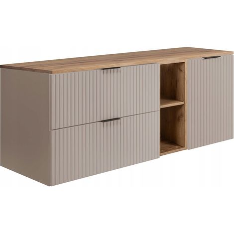 Rodan Badschrank 140 cm, Beige Matt und Holz, 46 x 140 x 57 cm, geriffelte Türen, braune Platte, mit Badregal, feuchtraumgeeignet