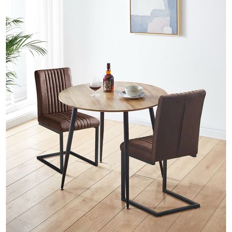 Hallowood Furniture Cullompton Dining Table and Chairs Set 2, Brown Oak Effect Top Small Kitchen Table and Upholstered Brown Leather Effect Cantilever Chairs with Metal Legs for Home, Office & Café (1/5)