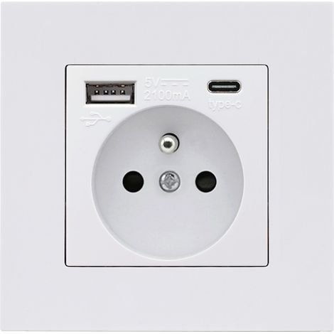 Panneau de prises USB et Type-C 16A – 2 prises + 1 port USB + 1 port Type-C – Installation horizontale/verticale – Design carré blanc - USB16A (1/5)