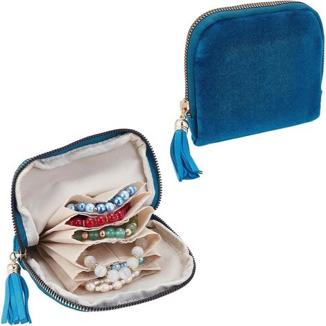 Lot de 2 petites boîtes à bijoux de voyage en velours bleu paon avec fermeture éclair à pompons pour collier, bague, mini accessoires, rangement pour femme, cadeaux de mariage (1/5)