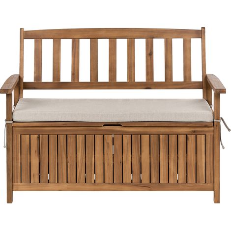 Banco de jardín con almacenaje de madera maciza de acacia rústico 120 cm con cojín de olefina beige Sovana (1/5)