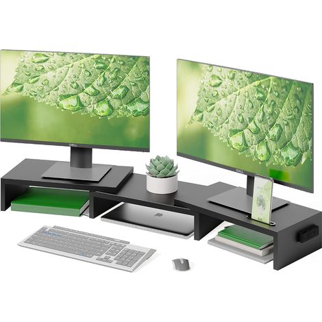 Dual-Monitorständer, Desktop-PC-Monitorerhöhung, Schreibtisch-Organizer aus Holz, verstellbare Länge und Winkel für tragbare Monitore und PC-Monitore, Schwarz