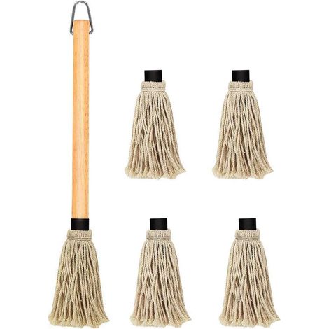 Filiyano-Balai à franges en bois de 45 cm avec long manche et 4 têtes de rechange pour le barbecue et le fumage (1/3)