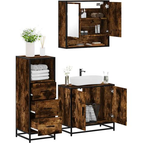Set de muebles baño 3 pzas madera contrachapada roble ahumado vidaXL (1/5)