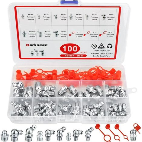 100 Pièce Graisseur m6 m8 m10, Nickelé Filetage Mâle Graisseurs 45°90°180°, Assortiment de Graisseurs avec Couvercle & Boîte en Plastique, Raccords de Graisse pour Équipement Mécanique (1/5)