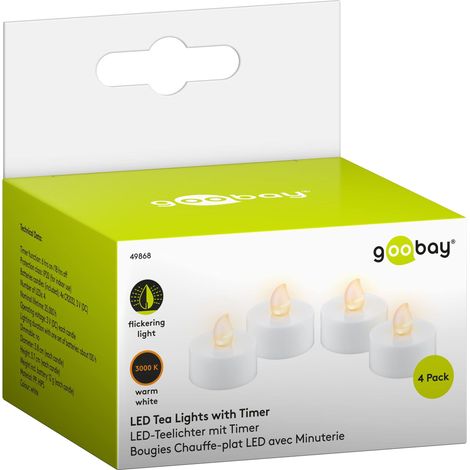 goobay 49868 - Set di 4 lumini LED con funzione timer, luce bianca calda, 3,8 cm/3,7 cm di altezza, bianco, batterie incluse (CR2032) (1/5)