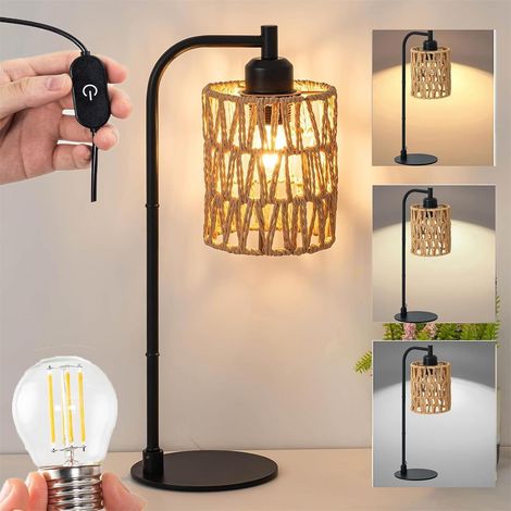 Lampe de Bureau Dimmable avec Câble USB & Abat-jour Rotin Lampe de Table avec Ampoule LED 3 Couleur Éclairage de Table Réglable