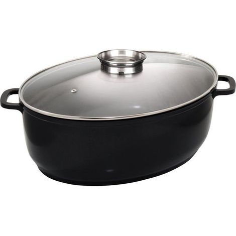 BAUMALU Ovaler Schmorbräter 43 cm 11 L Schwarz keramikbeschichtet Antihaft Knopf „Aroma“ aus Edelstahl Glasdeckel