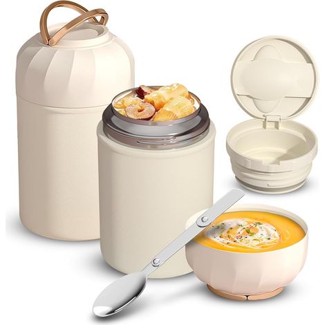 Termo – Recipiente térmico para alimentos – 850 ml – Acero inoxidable – Con tapa – Cucharas reutilizables de acero inoxidable – Para yogur, muesli, papilla y papilla (blanco) (1/5)
