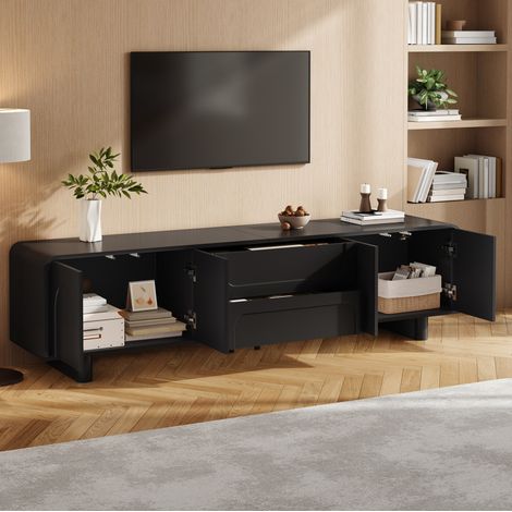 Meuble TV 180 x 40 x 46 cm, 4 portes, 2 tiroirs et passe-câbles, noir OKMYHOME (1/5)
