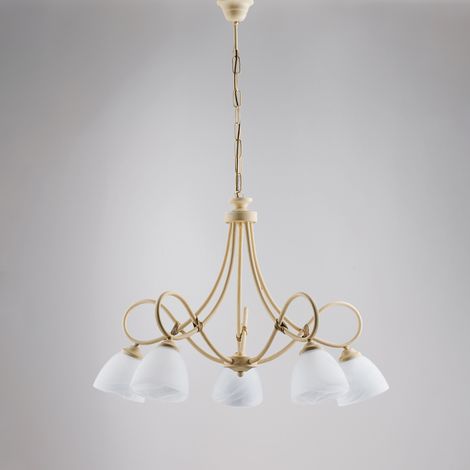 Elfenbeinfarbener Kronleuchter aus Eisen mit fünf Lichtern Alabasterglas Lampenschirme 69x h52 cm