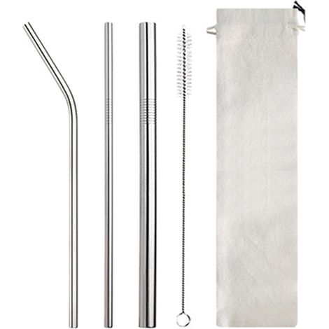 Paille En Acier Inoxydable - Courte Courbée - Pour Cocktails Verres Enfants Gobelets - Lot De 3 Avec Goupillon (1/5)