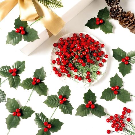 Tiges de houx artificielles de Noël avec 60 feuilles de houx, pics de baies de houx rouges, fausses branches de baies pour sapin de Noël, guirlande de bricolage, couronne de maison, ornements de fête (1/5)