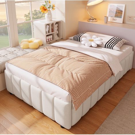 Cama tapizada minimalista de lino beige 90x200 cm con almacenaje hidráulico, sin cabecero