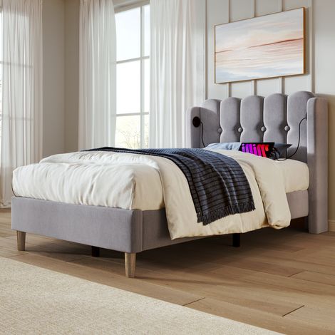 Lit simple rembourré 90x200cm - usb-c - sommier lattes - lin - gris (1/5)