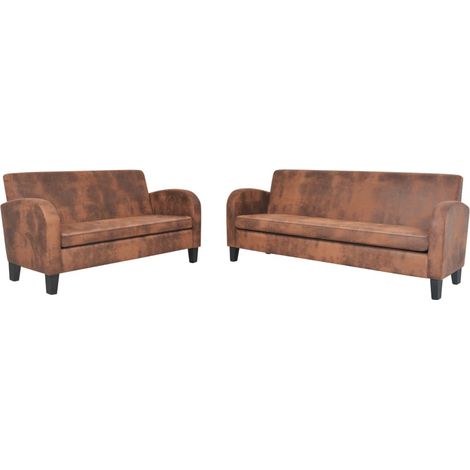 Set divano 2 pezzi in finta pelle scamosciata marrone 020020254