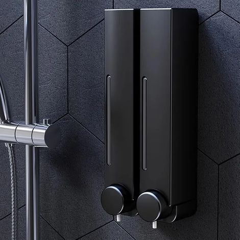Distributeur mural de savon et shampoing 2 chambres 380ml noir - Fixation perforée/non perforée (1/5)