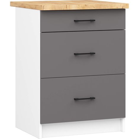 Akord – Armoire de cuisine basse 60 cm – 3 tiroirs – Façade gris graphite – Corps blanc – Panneau stratifié – Dimensions 60x46x85 cm