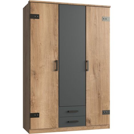 Armoire de chambre WIMEX CORFOU 3 portes 2 tiroirs effet chêne clair graphite 135 x 58 x 199 cm (1/3)