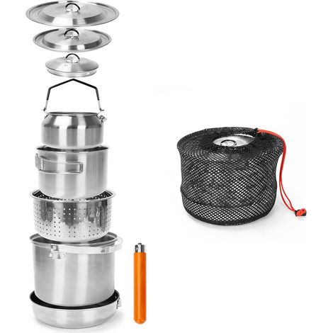 Ensemble de 5 ustensiles de cuisine de camping en acier inoxydable, comprenant casserole et poêles. (1/5)