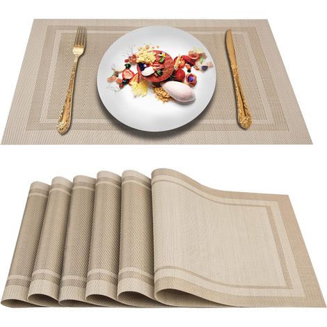Placemat - 45 Cm X 30 Cm - Vinyle Tissé Antidérapant Résistant À La Chaleur - Lot De 6 - Beige (1/5)