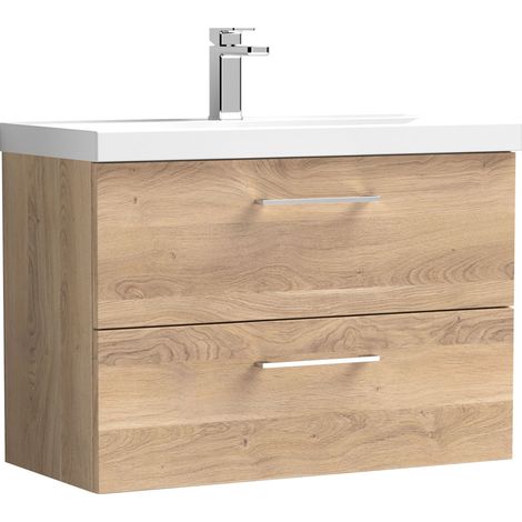 Balterley Contemporary Bathroom Wall Hung 2 Soft-Close Drawer Vanity Unit & Mid-Edge Ceramic Basin, Bleached Oak, 800 mm