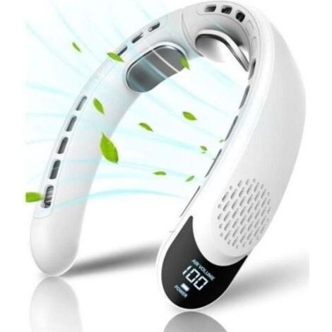 Ventilateur portable à crochet pour le cou, avec 3 vitesses. Flux d'air omnidirectionnel à 360°. Affichage LED blanc. (1/5)