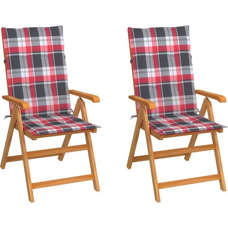 vidaXL Sillas plegables (2 unidades), cojines con estampado de cuadros rojos, madera maciza de teca. (1/5)