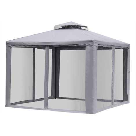 Pavillon de jardin double toit 3x3 m avec moustiquaires amovibles gris clair