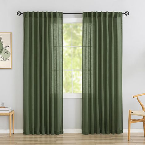 2 panneaux de rideaux à pattes en lin kaki/olive foncé 234 cm de long, pour salon, style bohème, économie d’énergie, semi-opaques, à passants, filtrent la lumière, pour porte de patio/couloir (1/5)