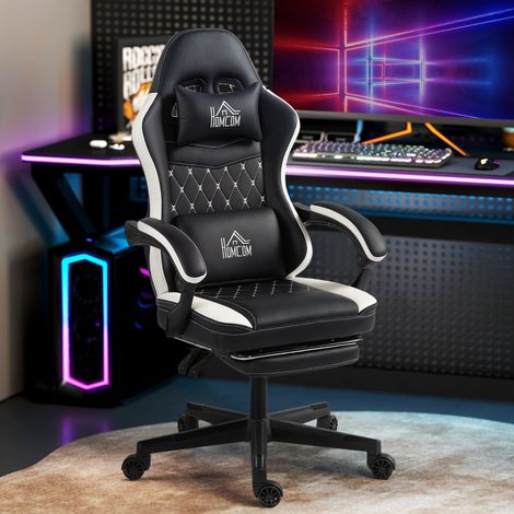 Fauteuil de jeu pivotant réglable en hauteur, similicuir noir et blanc, avec repose-pieds, appui-tête et coussin lombaire, cadre métal et plastique, siège PC ergonomique