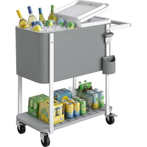 Chariot réfrigéré de 56 L avec roulettes, équipé d'étagères, d'un ouvre-bouteille, de patins de protection, d'un trou de drainage et de poignées. Idéal pour les réceptions en terrasse (1/5)