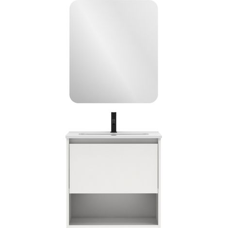 Meuble salle de bain suspendu NIWA blanc brillant 60 cm Miroir inclus (1/5)