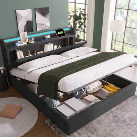 Polsterbett 160/200 cm grau aus Leinen mit LED, Stauraum-Kopfteil und USB-Anschluss (1/5)