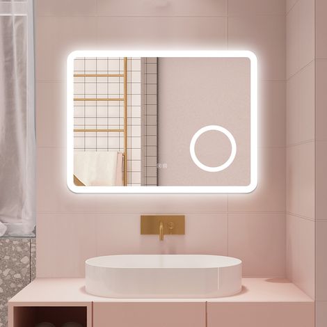 AICA 80 x 60 cm Specchio da bagno con LED,Rettangolo,Disappannamento,Touch,Memoria,Dimmerabile,Retroilluminato,Tre colori,bluetooth,Magnificatore (1/5)